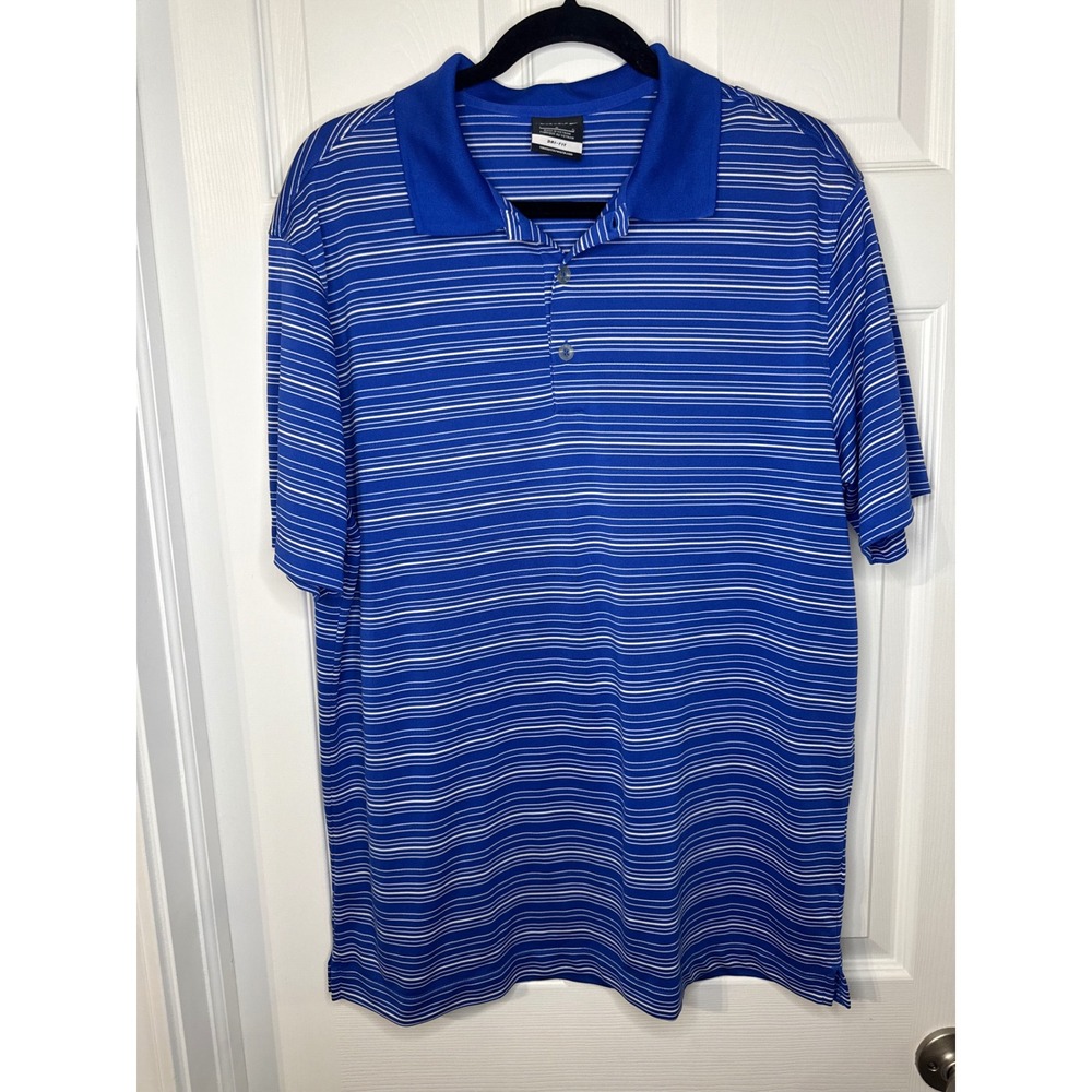 Nike Golf Dri-FIT Polo Shirt Mens Large Blue White Striped Short Sleeve Sport
